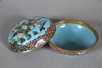 null Polychrome enamelled copper lenticular box on a blue background, the lid decorated...