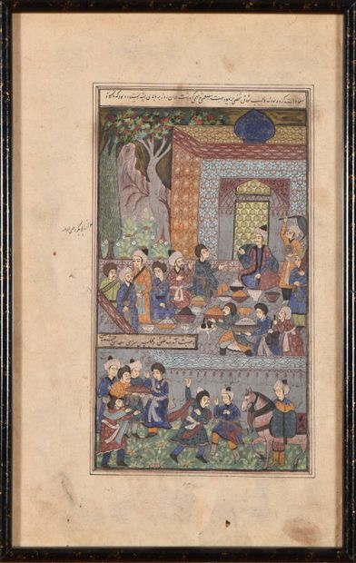 null Two miniatures, one, Persian, depicting a court feast; the other, Mughal, depicting...