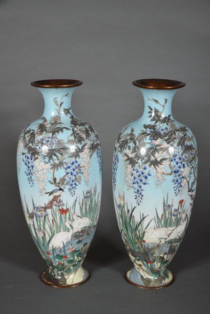 Pair of large enamelled copper vases, with...