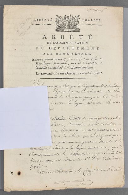 null DEUX-SÈVRES. Pièce signée Bernardin « pour expédition ». 2 pp. in-folio, en-tête...