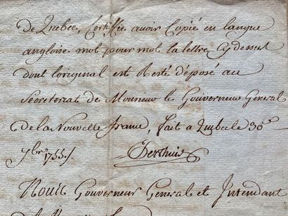 null CANADA. Pièce autographe signée par Joseph PERTHUIS (Québec 1714-1782), négociant,...