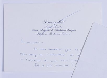 null Simone VEIL. Carte autographe signée, à son en-tête. 2 pp. in-8.

Sur l'entrée...