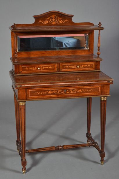 null Small desk with tier in the Louis XVI style in rosewood veneer and marquetry...