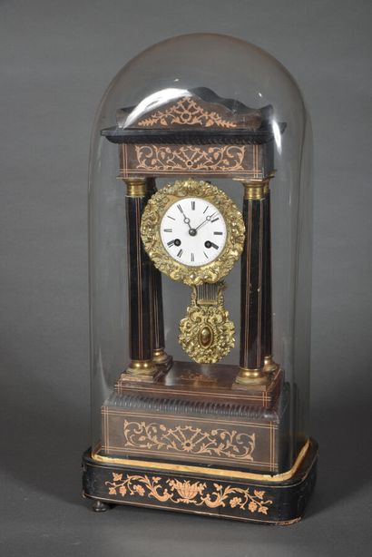 null Portico clock and its pendulum in blackened wood and light wood marquetry, enamelled...