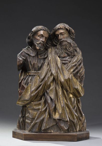 null High relief with Saint Peter and Saint Paul embraced, wrapped in large draperies,...