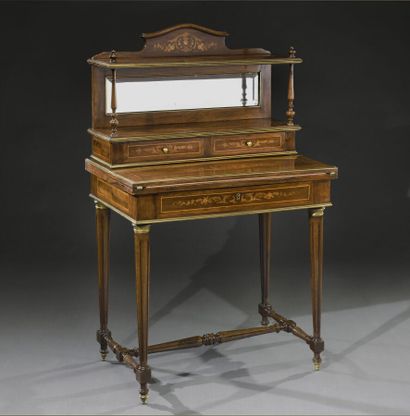 null Small desk with tier in the Louis XVI style in rosewood veneer and marquetry...