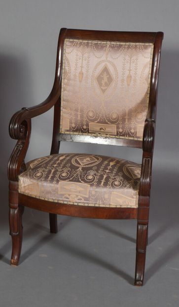 null Mahogany and mahogany veneer armchair, scrolled arms on console and lotus leaf...