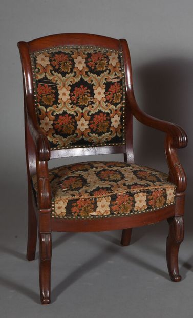 null Mahogany and mahogany veneer armchair, scrolled arms on consoles and feet with...