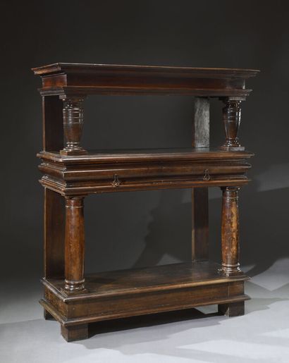 null Credenza with triple trays held by baluster or barrel columns, opening with...