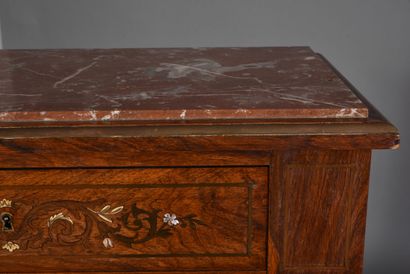 null Straight secretary in rosewood veneer inlaid with brass and mother-of-pearl...