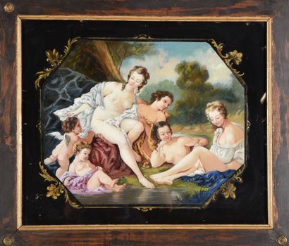 null Painting under glass representing a gallant scene "women in the bath". 

19th...