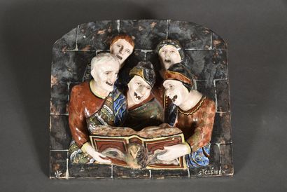 null Bas-relief en faïence polychrome "Les chantres" représentant cinq personnages,...
