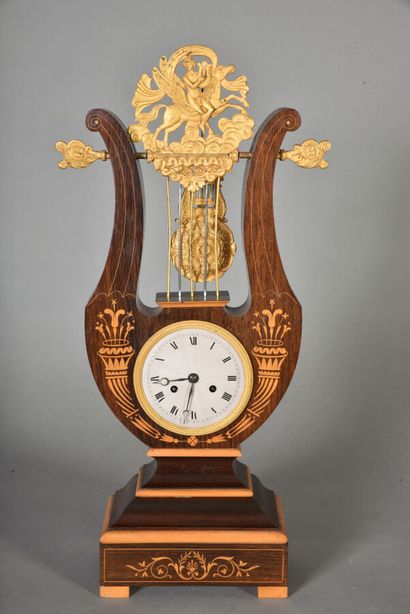 null Lyre clock in rosewood veneer inlaid with light wood drawing nets, leafy branches,...