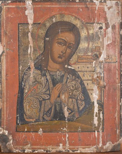 null Deux icônes polychromes en pendant, peinture sur bois, figurant la Vierge en...