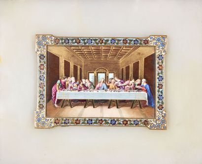 null Polychrome porcelain plate representing "The Last Supper", in a gilded brass...