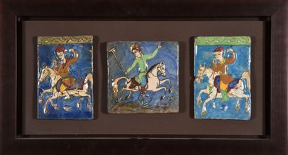 null IRAN Kadjar 19th century.

Three ceramic covering tiles with polychrome molded...