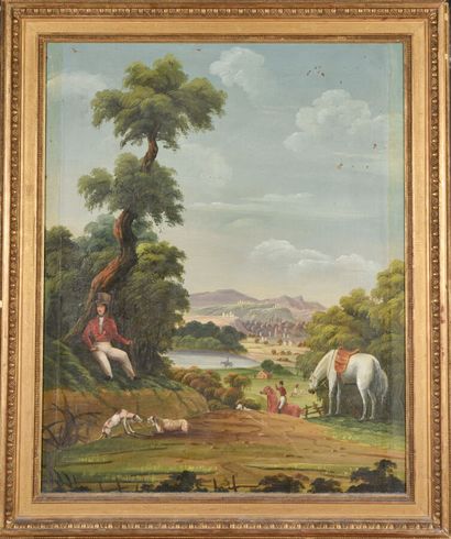 null École du XIXème siècle.

Le repos du cavalier.

Huile sur toile.

81 x 67 c...