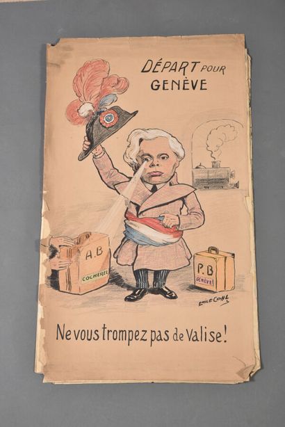 null Émile COHL (1857-1938).

Ensemble de quatre dessins :

-Départ pour Genève.

Crayon...