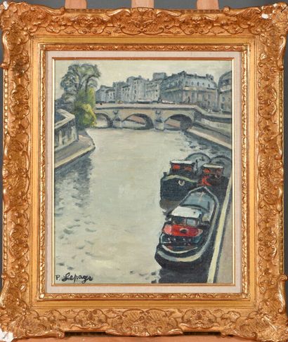 Pierre LEPAGE (1906-1983). 
Péniches au Pont...