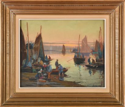 null Mathurin JANSSAUD (1857-1940).

Coucher de soleil sur un port breton animé.

Pastel...