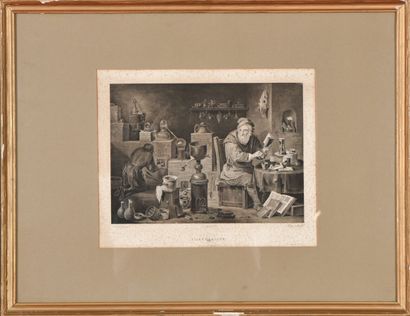  D'après David TENIERS 
L'alchimiste. 
Gravure de Jacques Louis PEREE (1769 - 1832)...