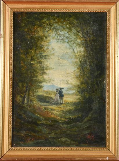 null Johann TILL le Jeune (1827 1894).

Sène romantique : les amoureux dans la forêt.

Huile...