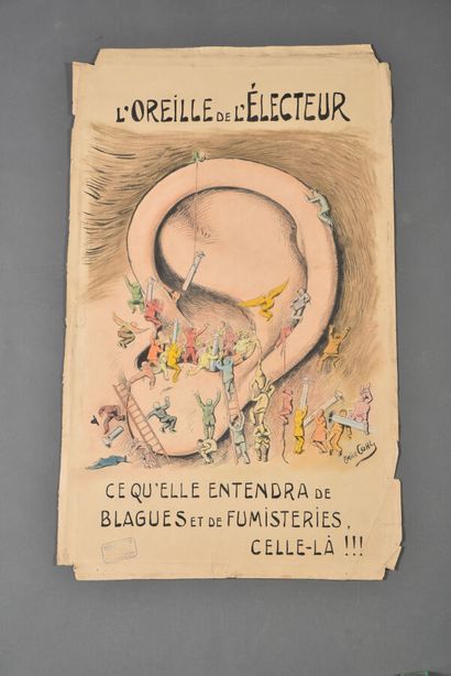 null Émile COHL (1857-1938).

L'oreille de l'électeur.

Crayon et encre sur papier.

Signé...