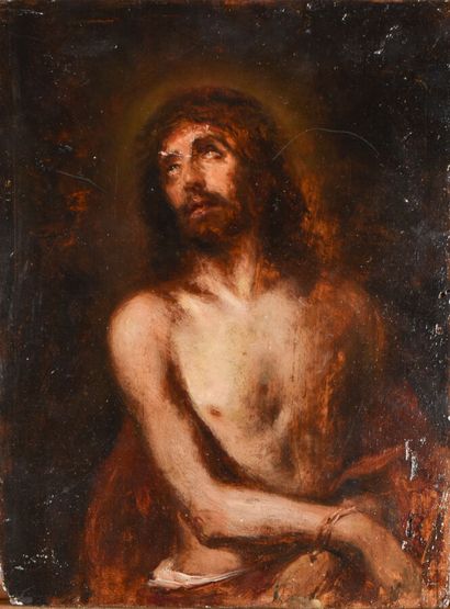 null FLEMISH SCHOOL of the XVIIth century. 	

Christ with ties. 

Oil on beveled...