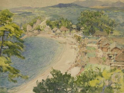 null Hiroshi YOSHIDA (1876-1950). 

Village dans la baie.

Aquarelle sur papier.

Signé...