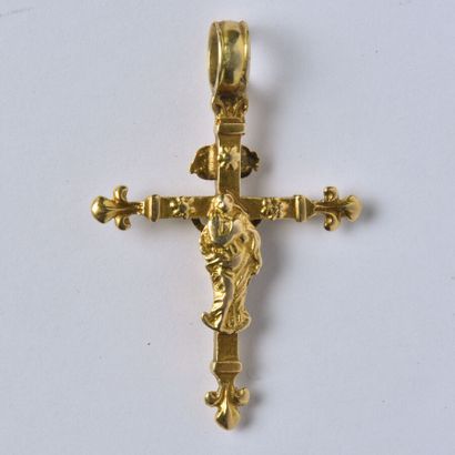 null Pendentif Croix en or jaune 18K (750/oo) à double face (Christ et Vierge), les...