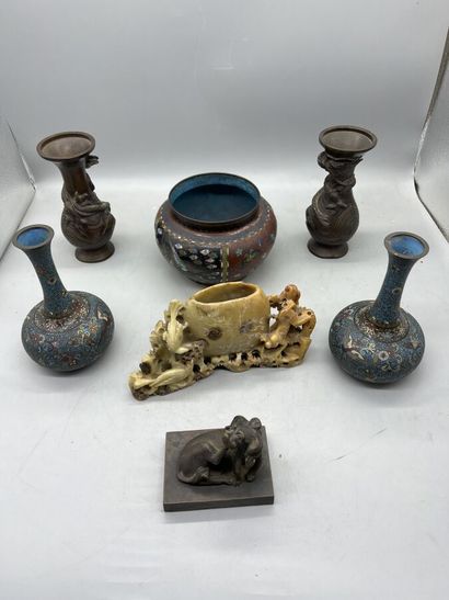 null Lot d'objets asiatiques comprenant :



Deux vases à colé étiré en émaux cloisonnées...