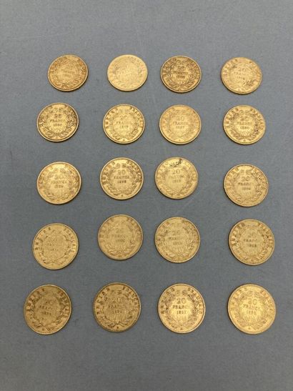  20 pièces de 20 francs or, type Napoléon III. 
 
LOT VENDU SUR DESIGNATION, NON...