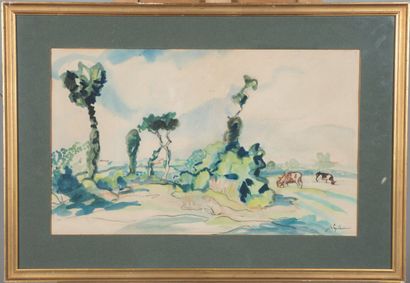 null Jacques LAPLACE (1890-1955).

Paysage aux vaches.

Aquarelle sur papier.

Signé...
