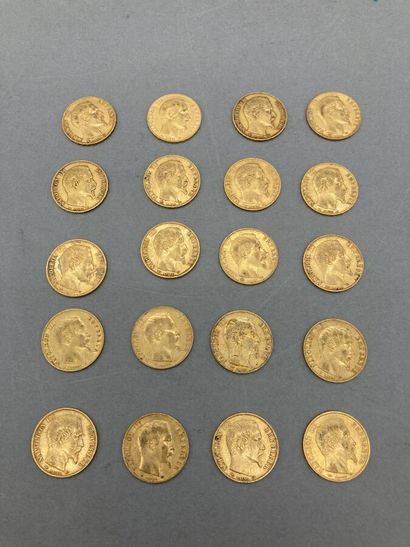 20 pièces de 20 francs or, type Napoléon...