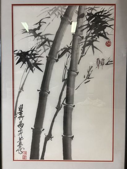  Lavis d'encre sur papier représentant des bambous, un couple d'oiseaux perchés sur...