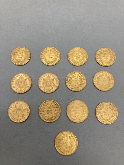  13 pièces de 20 francs or, type Napoléon III ou Louis Napoléon. 
 
LOT VENDU SUR...