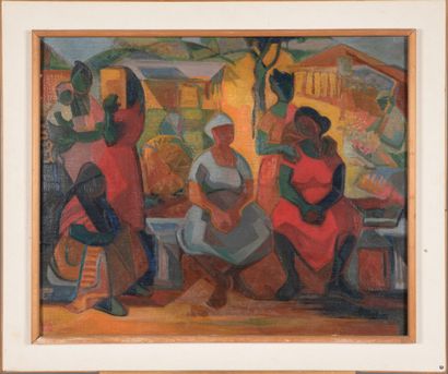 null Lucette Laribe (1913-2020).

Femmes assises au marché, 1953.

Huile sur panneau.

Signé...