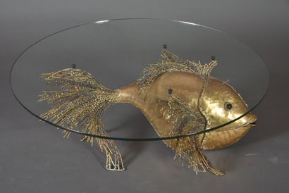 null Brass and semi precious stone coffee table, representing a fish, attributed...