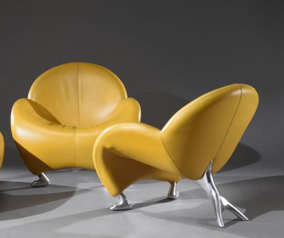 null Pair of Papageno armchairs in yellow leather from Leolux in Holland design Jan...