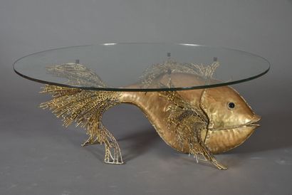 null Brass and semi precious stone coffee table, representing a fish, attributed...