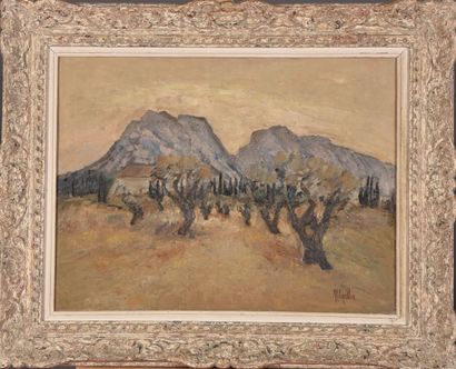 null Anne-Marie LEGUILLIER (1932-2006).

Alpilles et oliviers.

Huile sur carton.

Signé...