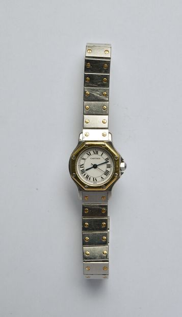 null CARTIER: Steel and 18K (750/oo) yellow gold watch, "Santos" collection, octagonal...