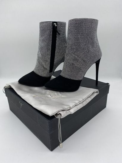 null GIUSEPPE ZANOTTI. Pair of black suede ankle boots with silver mesh cuff effect,...