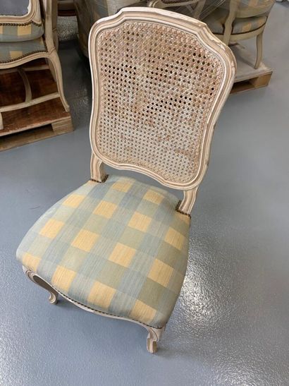 null Suite de 5 chaises à dossier canné et assise garnie en tissu, pieds cambrés,...