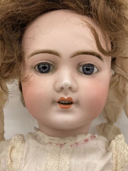 null "DEPOSITED SFBJ 9" bisque head doll, beautiful fixed blue enamel eyes, open...