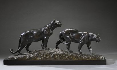 null Louis RICHE (1877-1949)
" Deux panthères ". Épreuve en bronze à patine brune...