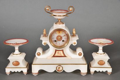 null Mantelpiece composed of a clock and a pair of cassolettes in alabaster, gilded...