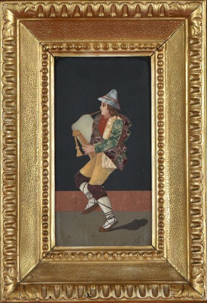 null Marquetry of polychrome marbles representing a dancer with bagpipes. 
19th century....