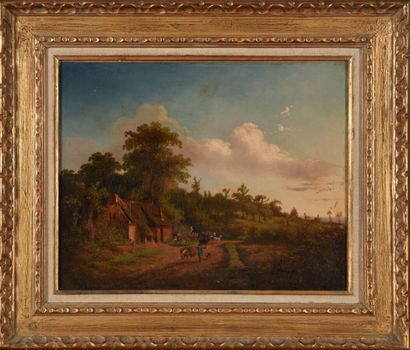 null Honoré Gaspard DELAROCHE (1804- ?).
Paysage animé.
Huile sur toile.
Signé et...