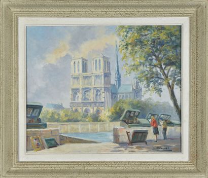 null André Franchet (1896-1961).
Notre-Dame and the booksellers.
Oil on canvas.
Signed...